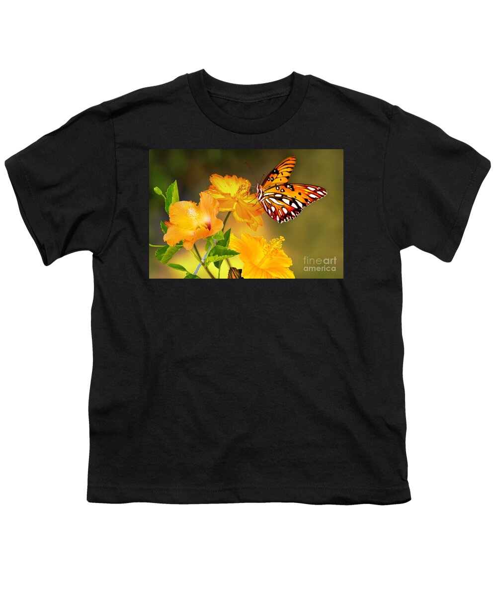 Butterfly Youth T-Shirt featuring the mixed media Golden Delight by Morag Bates