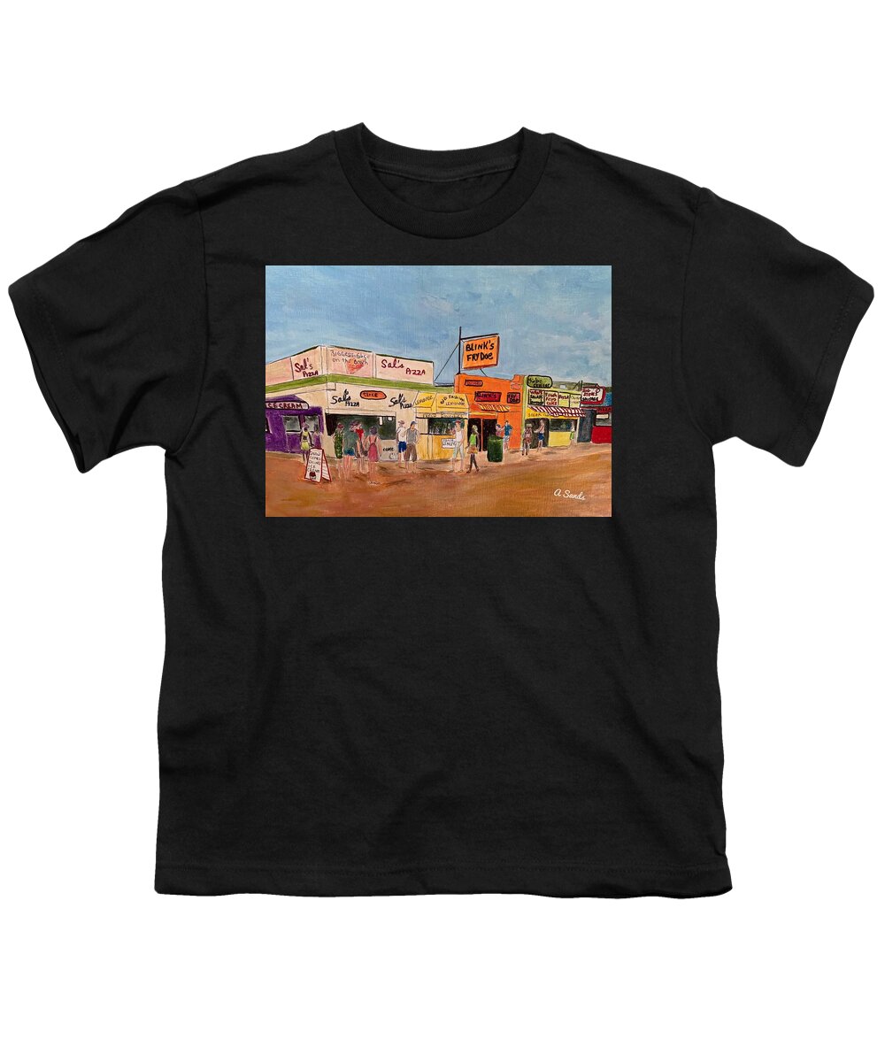 Hampton Beach Youth T-Shirt featuring the painting Hampton Beach Food shops by Anne Sands