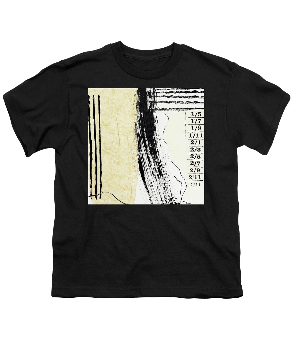 Abstract Youth T-Shirt featuring the painting HANGING AROUND Abstract Collage Art Black and White Lines Numbers by Lynnie Lang