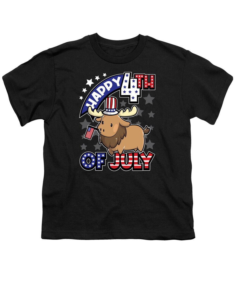 4th Of July Youth T-Shirt featuring the digital art Happy Fourth Of July Moose USA Flag by Mister Tee