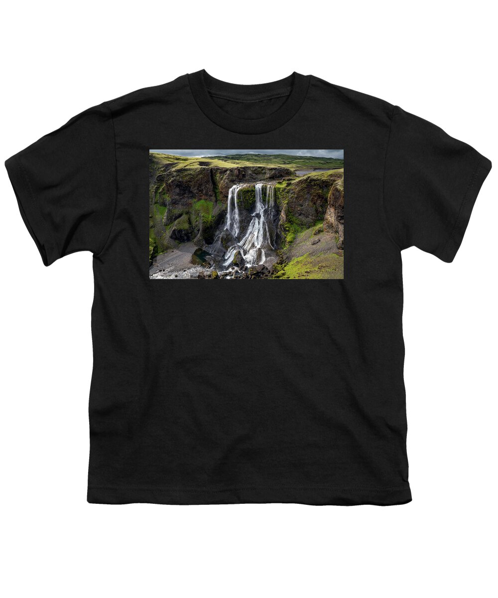 Fagrifoss Youth T-Shirt featuring the photograph Iceland - Fagrifoss waterfall near the Lakagigar region by Olivier Parent