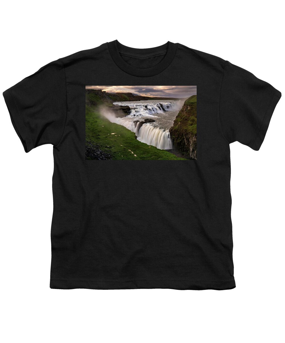 Gullfoss Youth T-Shirt featuring the photograph Iceland - Gullfoss waterfalls at sunset by Olivier Parent