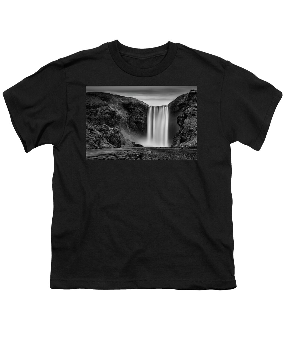 Iceland Youth T-Shirt featuring the photograph Iceland - Skogafoss in black and white by Olivier Parent