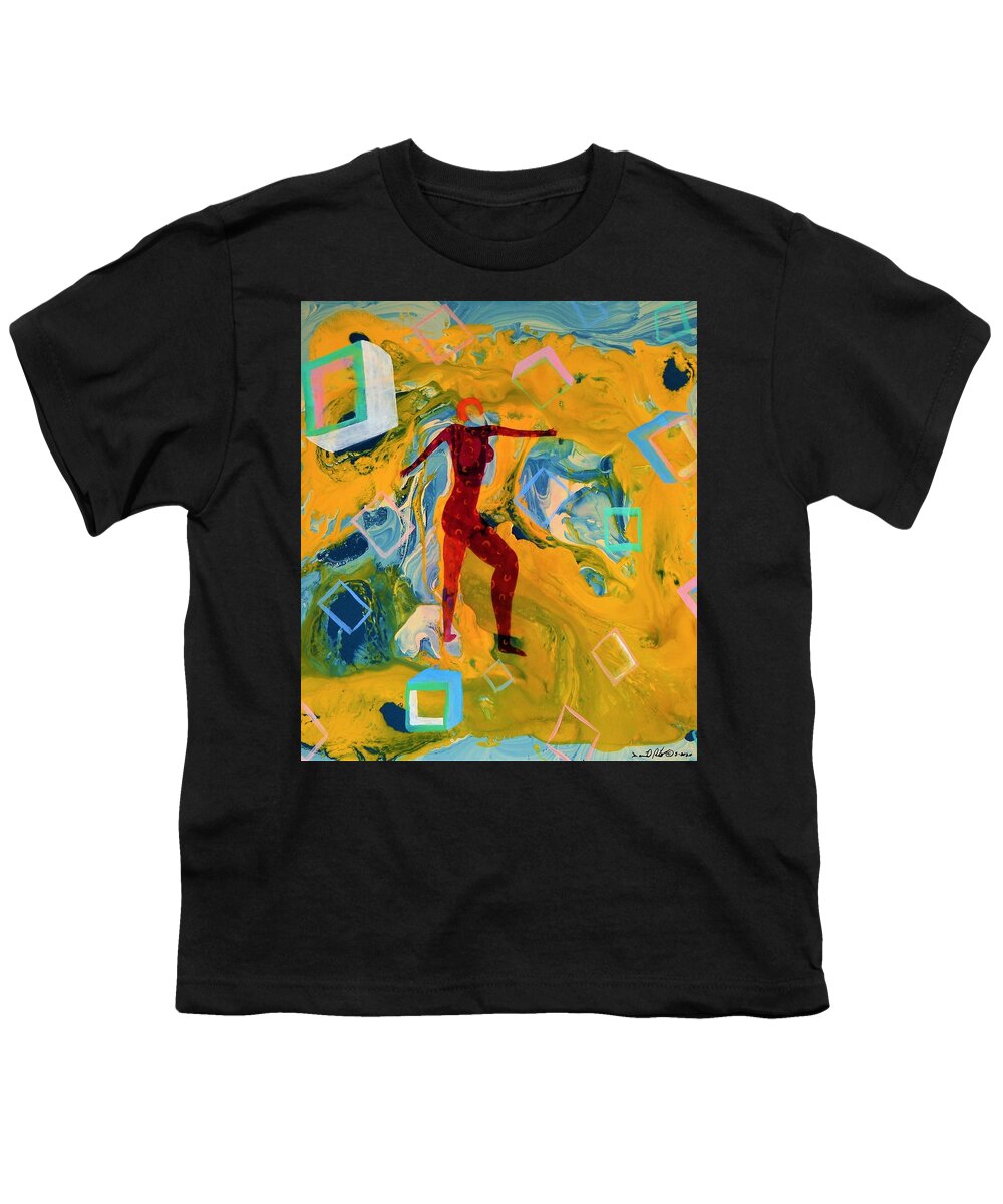 Lilly Romantic Model Nude Abstract Hollows Squares Posing Walking Designs Patterns Yellow Blue Orange Hair Arms Legs Stance Fantasy See-thru Performing Performance Solo Erotic Imagination Youth T-Shirt featuring the painting Lilly by David MINTZ