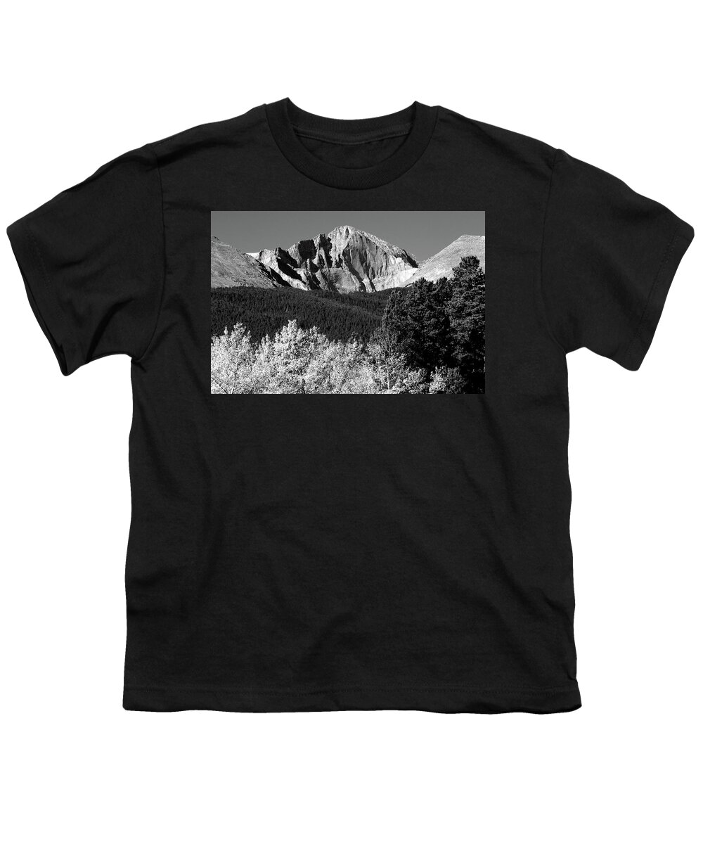Mountains Youth T-Shirt featuring the photograph Longs Peak Autumn Aspen Landscape View BW by James BO Insogna