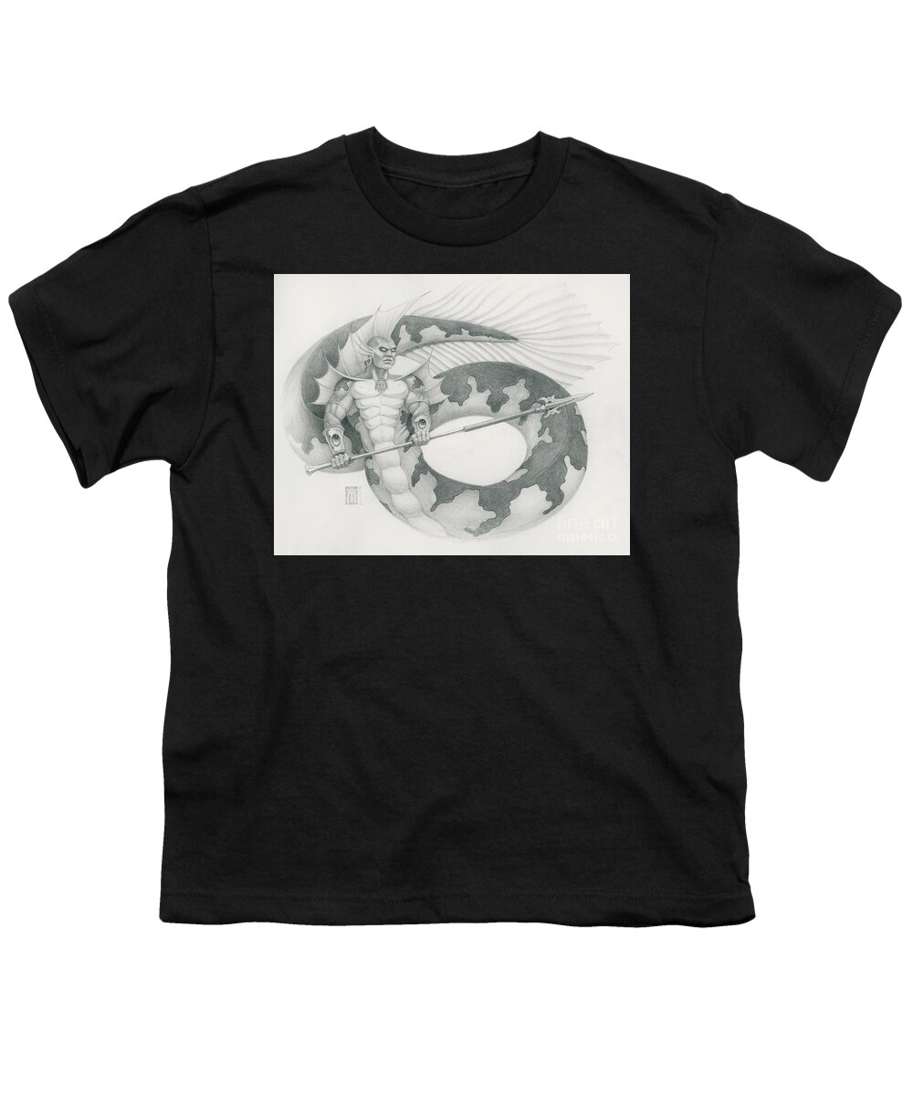 Lord Of Atlantis Youth T-Shirt featuring the drawing Lord of Atlantis in Black and White by Melissa A Benson
