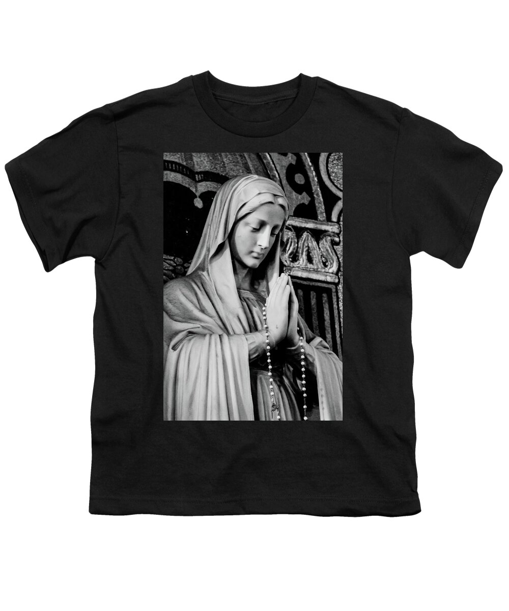 Mary Statue Church Rosary B&w Youth T-Shirt featuring the photograph Mary by John Linnemeyer