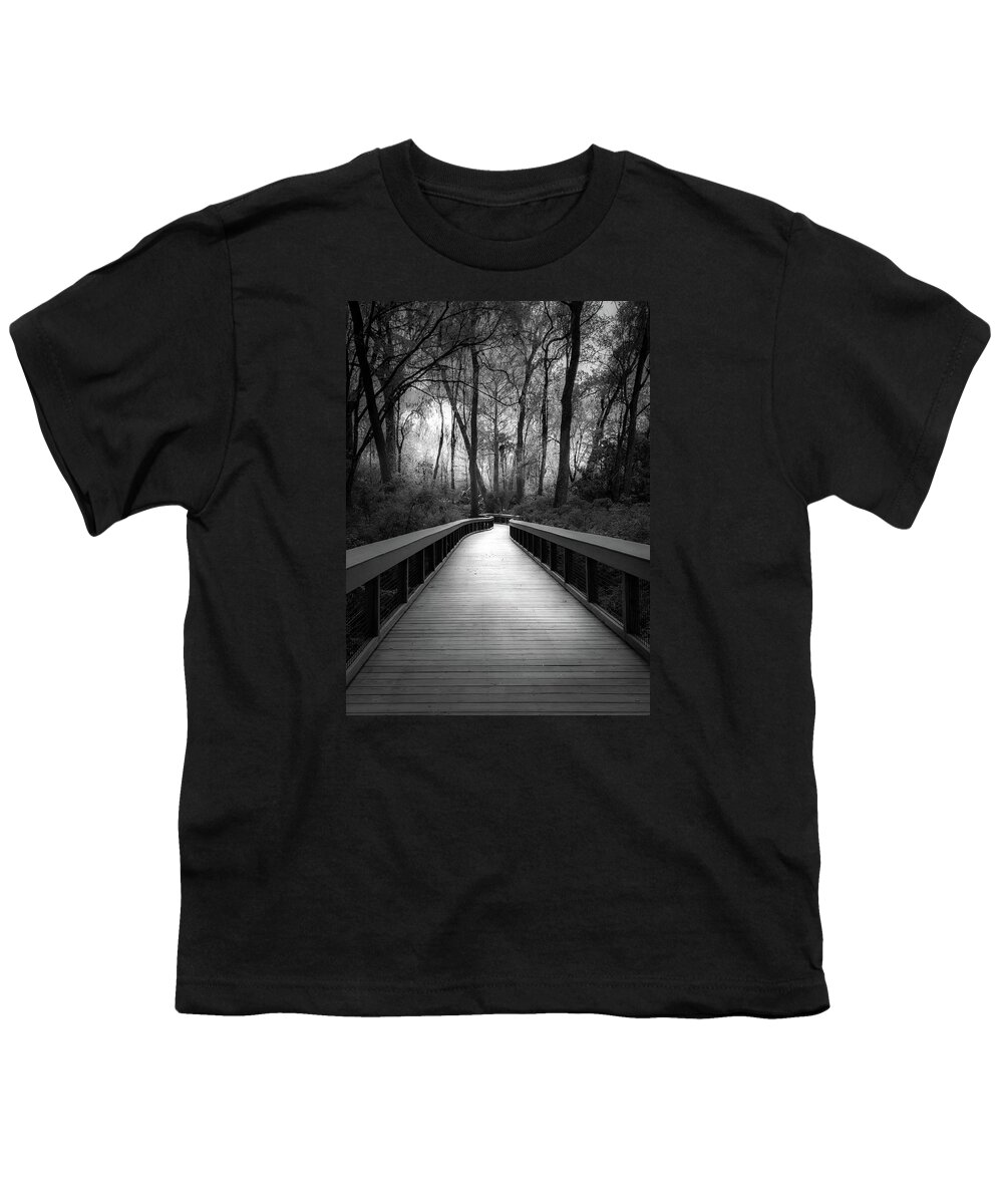 Florida Boardwalk Youth T-Shirt featuring the photograph Moody and Mysterious Florida Boardwalk in Black and White by Rebecca Herranen