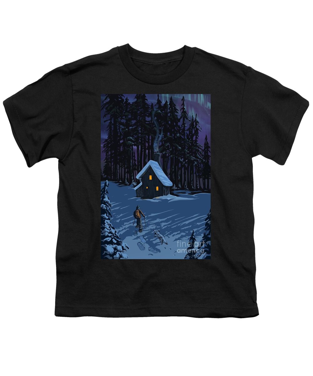 Snowshoe Youth T-Shirt featuring the painting Moonlit Snowshoeing by Sassan Filsoof
