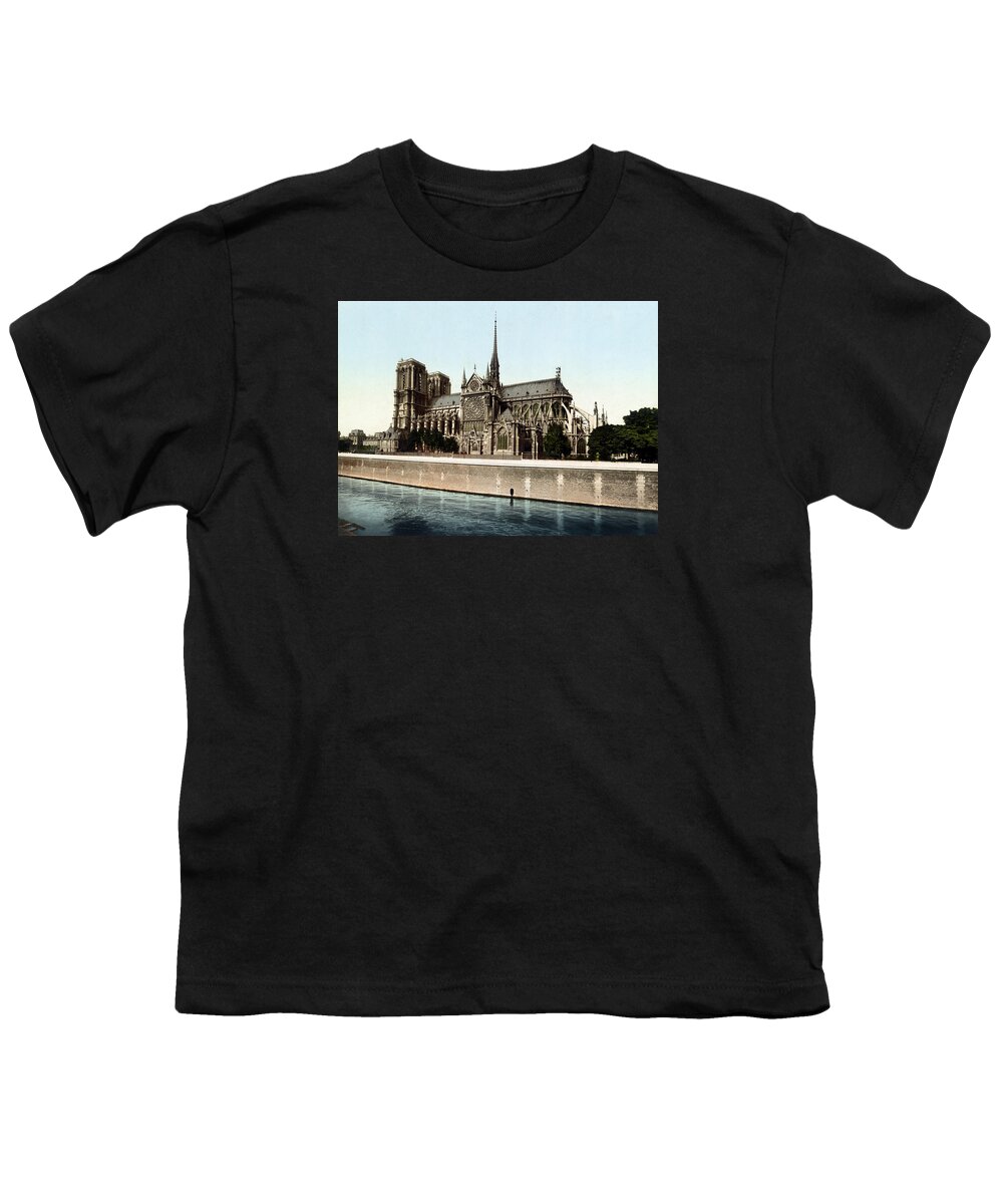 Notre Dame De Paris Youth T-Shirt featuring the photograph Notre Dame Cathedral - Circa 1900 Photochrom by War Is Hell Store