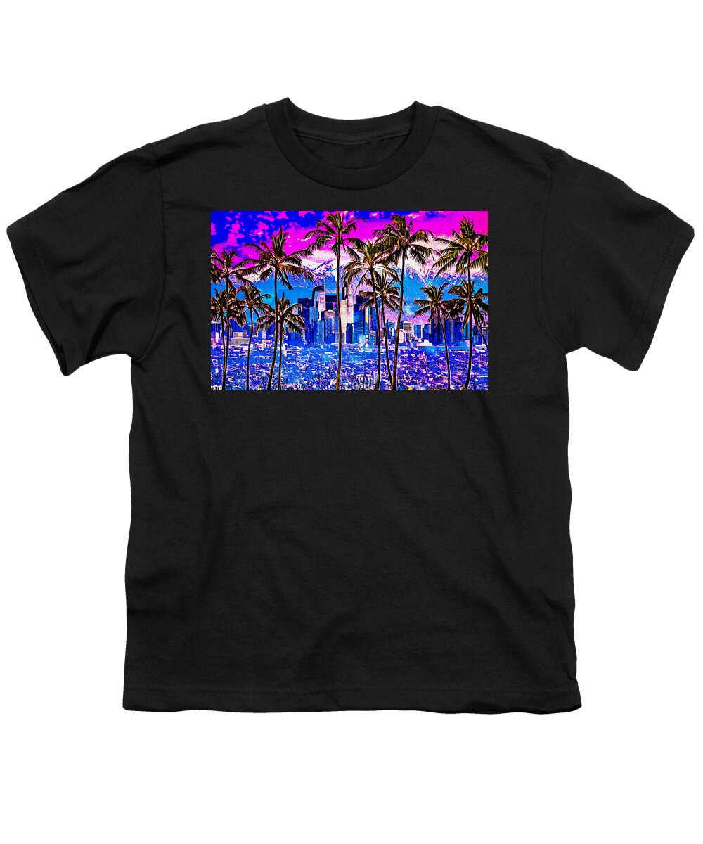 Los Angeles Youth T-Shirt featuring the digital art Palm trees in front of Los Angeles skyline at sunset - digital painting by Nicko Prints