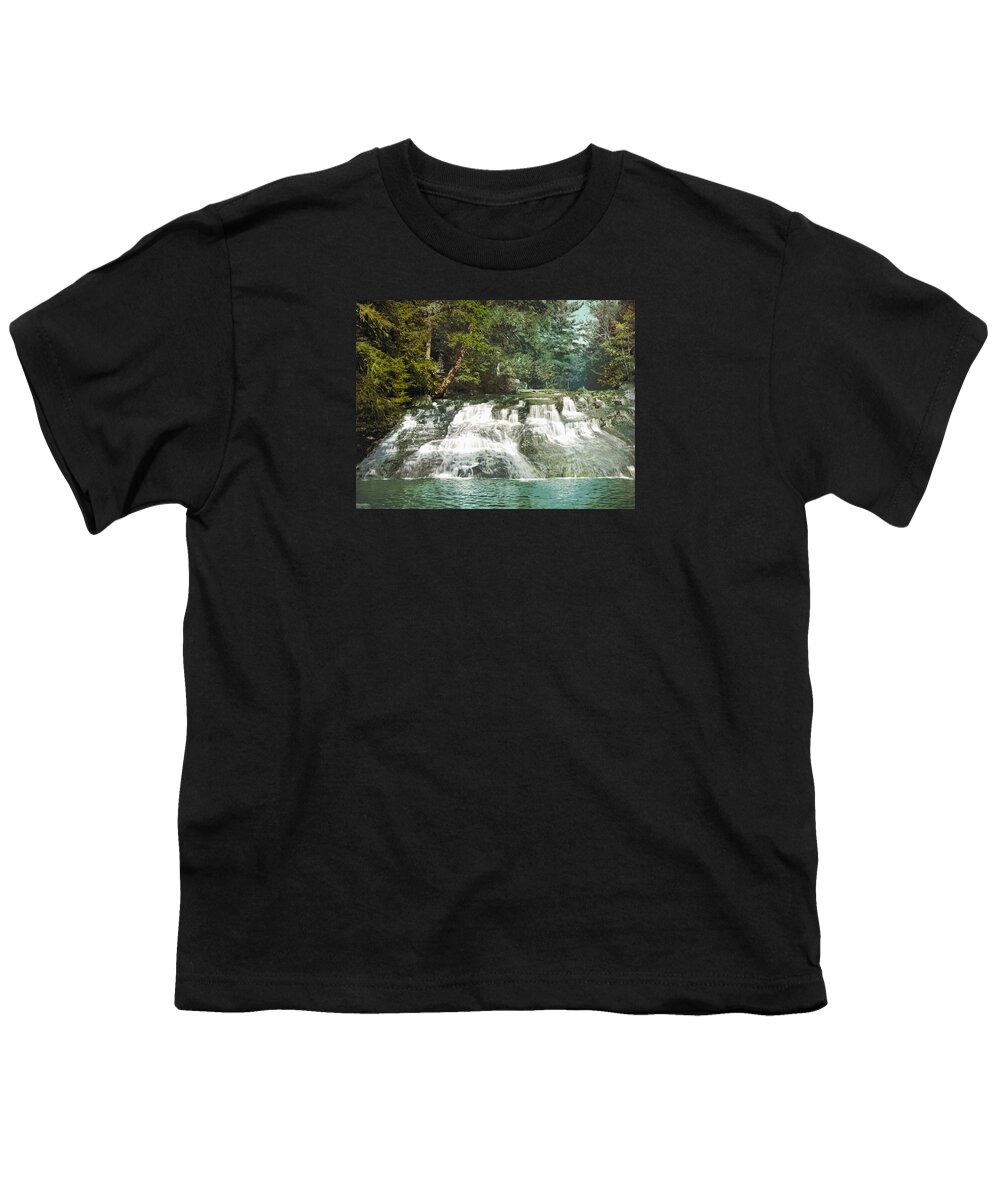 Paradise Falls Youth T-Shirt featuring the photograph Paradise Falls - Pocono Mountains Pennsylvania - Circa 1900 Photochrom by War Is Hell Store