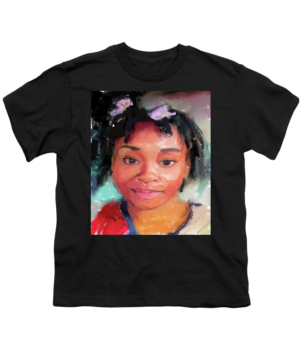 Portrait Youth T-Shirt featuring the painting Portrait of a young girl with purple ribbons in hair smiling and nose ring in color vibrancy festiva by Mendyz