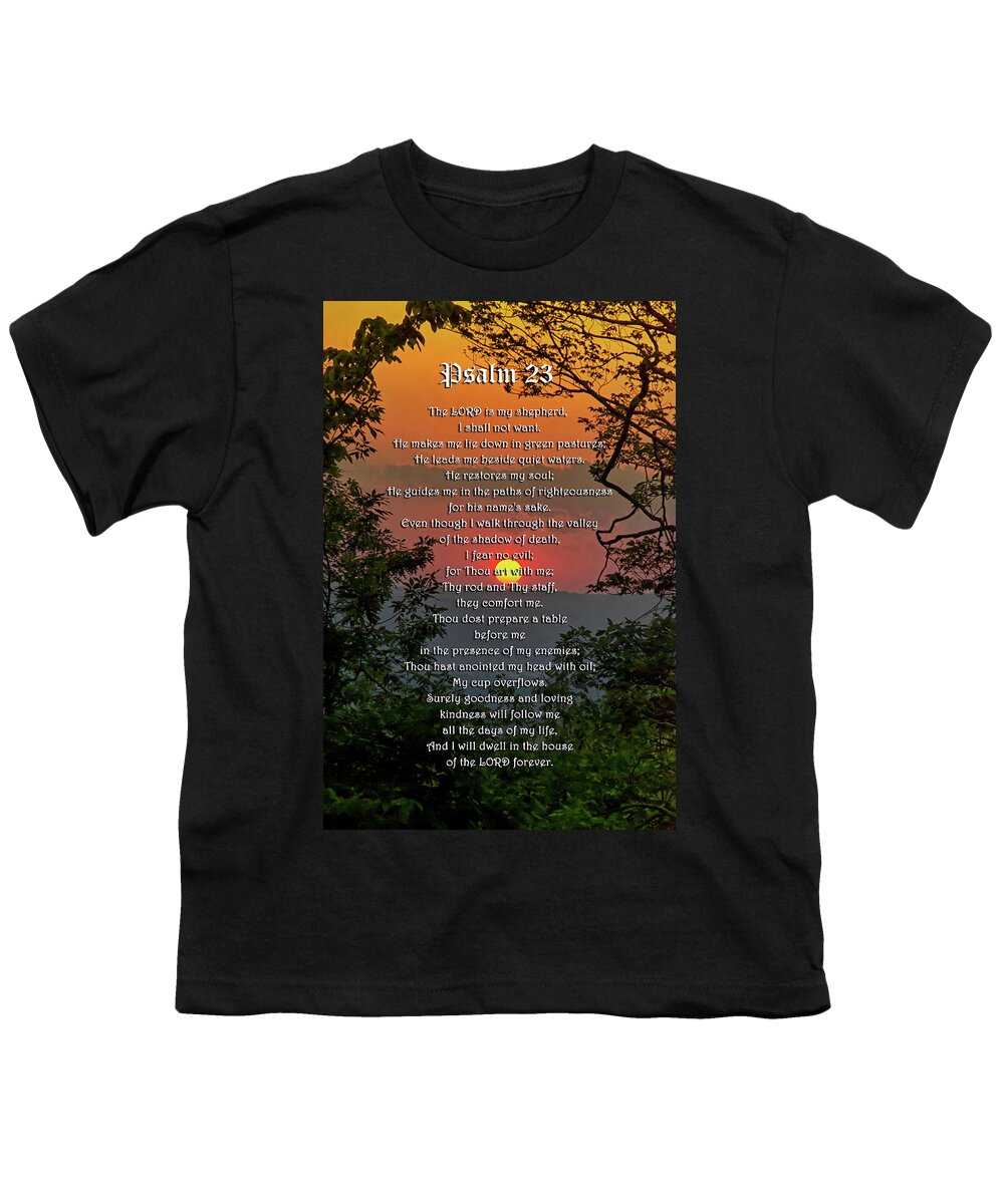 Psalm 23 Youth T-Shirt featuring the mixed media Psalm 23 Prayer Over Sunset Landscape by Christina Rollo