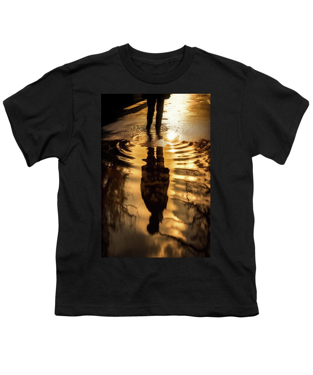 Reflection Youth T-Shirt featuring the digital art Puddle Reflection 01 Warm Golden City Light by Matthias Hauser
