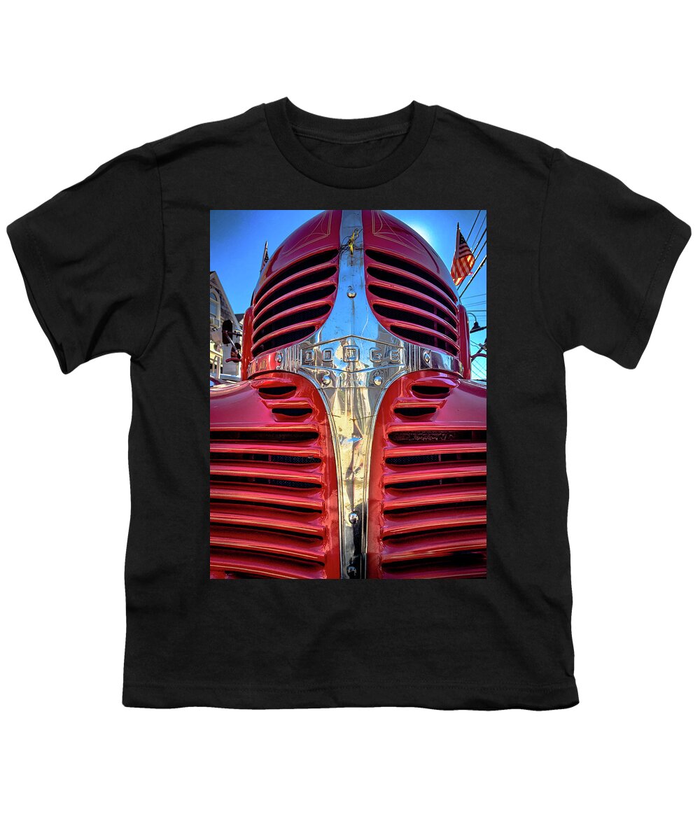 Fire Youth T-Shirt featuring the photograph Red and Chrome truck by Jim Feldman