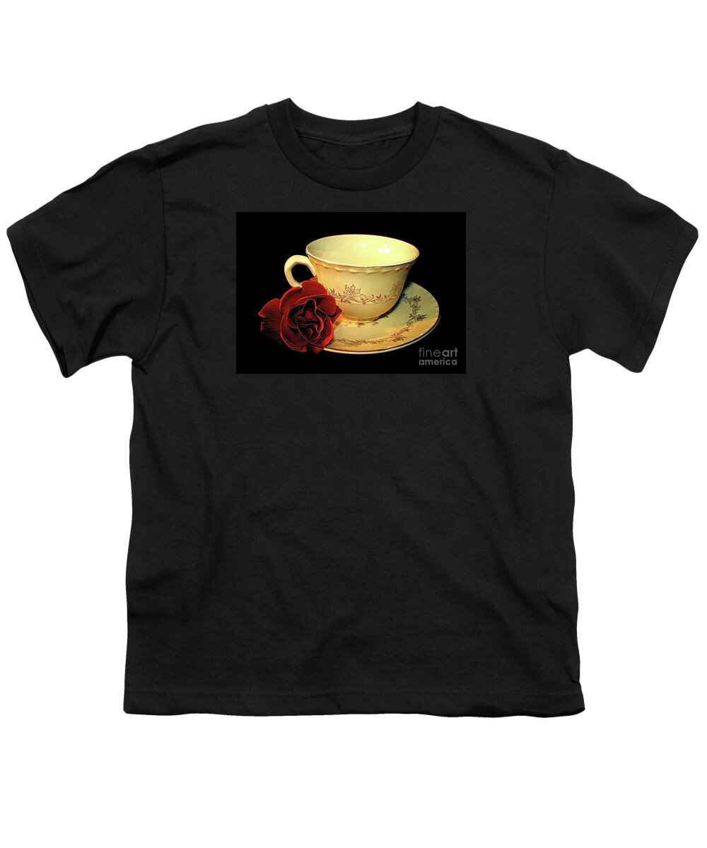 Red Rose On Antique Saucer With Matching Tea Cup Abstract Effect Youth T-Shirt featuring the photograph Red Rose on Antique Saucer with Matching Tea Cup Abstract Effect by Rose Santuci-Sofranko
