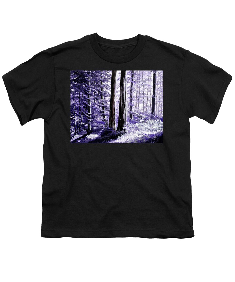 Moonlight Youth T-Shirt featuring the painting Redwoods in Purple Moonlight by Laura Iverson