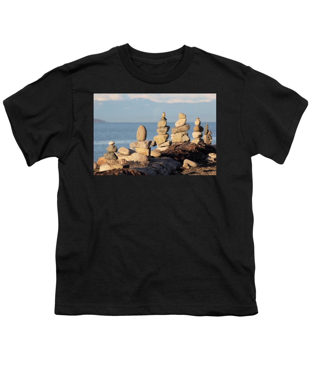 Rock Cairns Youth T-Shirt featuring the photograph Rock Cairns - Beach Balance by Peggy Collins