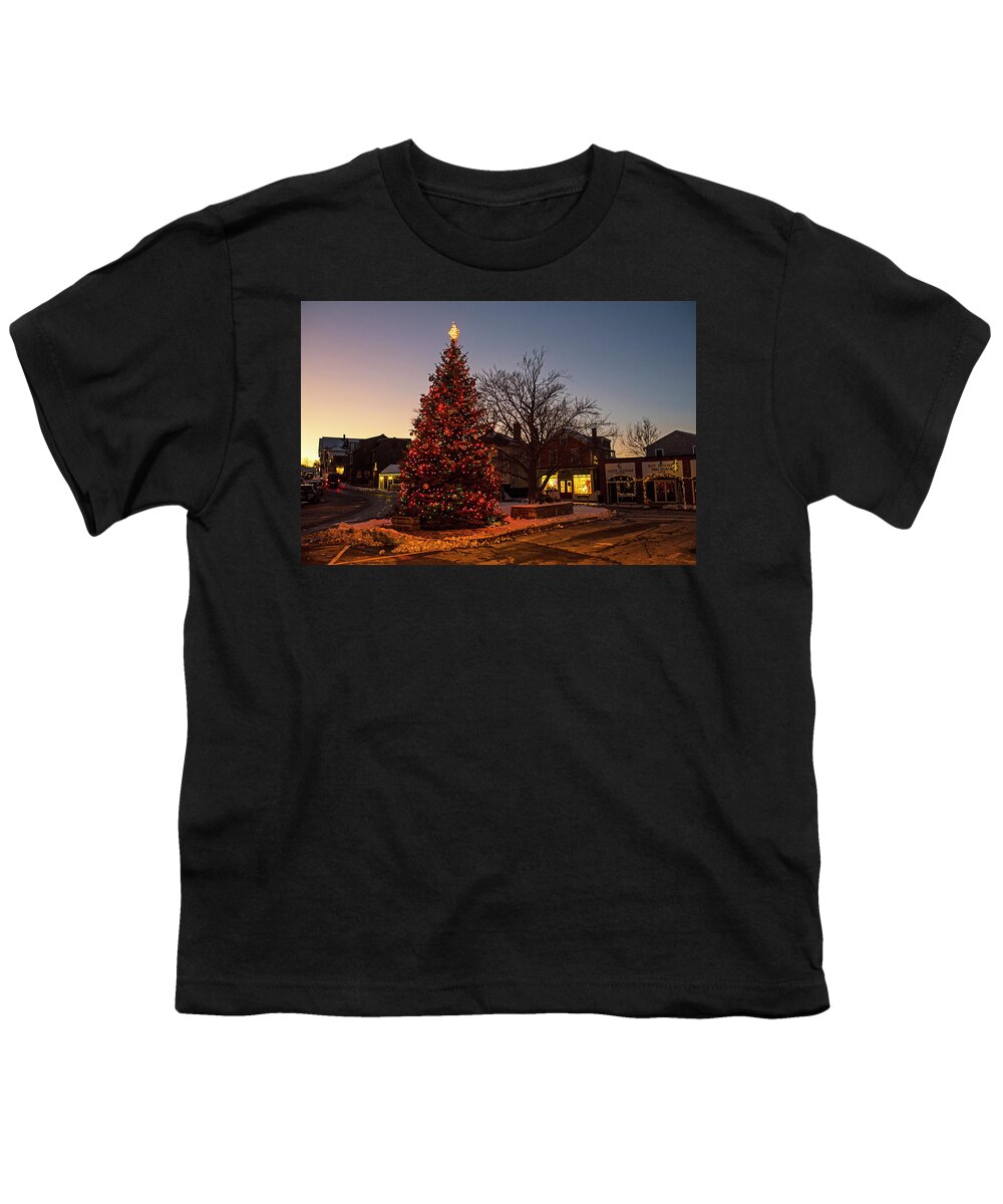 Rockport Youth T-Shirt featuring the photograph Rockport MA Christmas Tree at Dusk North Shore Massachusetts by Toby McGuire