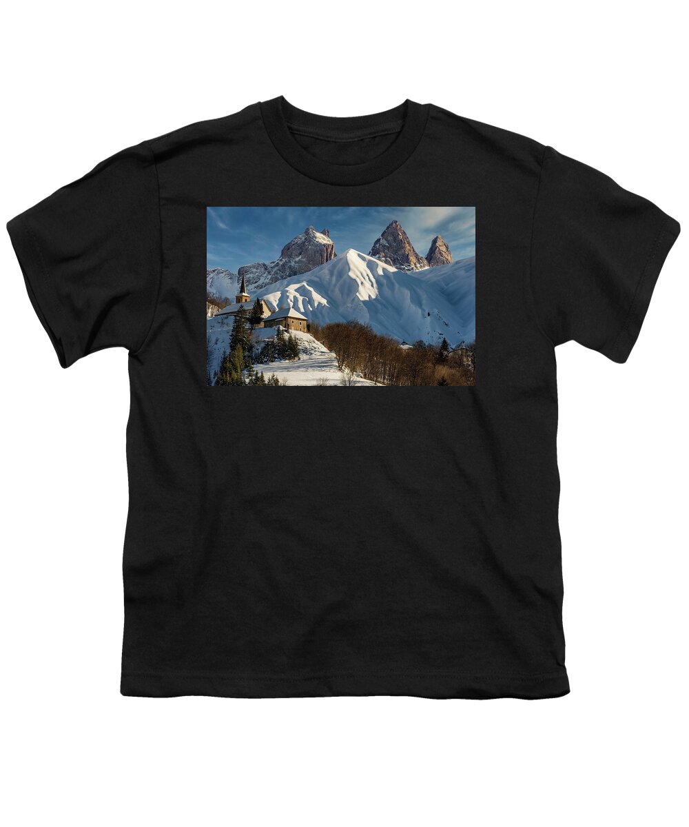 Montrond Youth T-Shirt featuring the photograph Saint Nicolas church and the Aiguilles d Arves by Olivier Parent