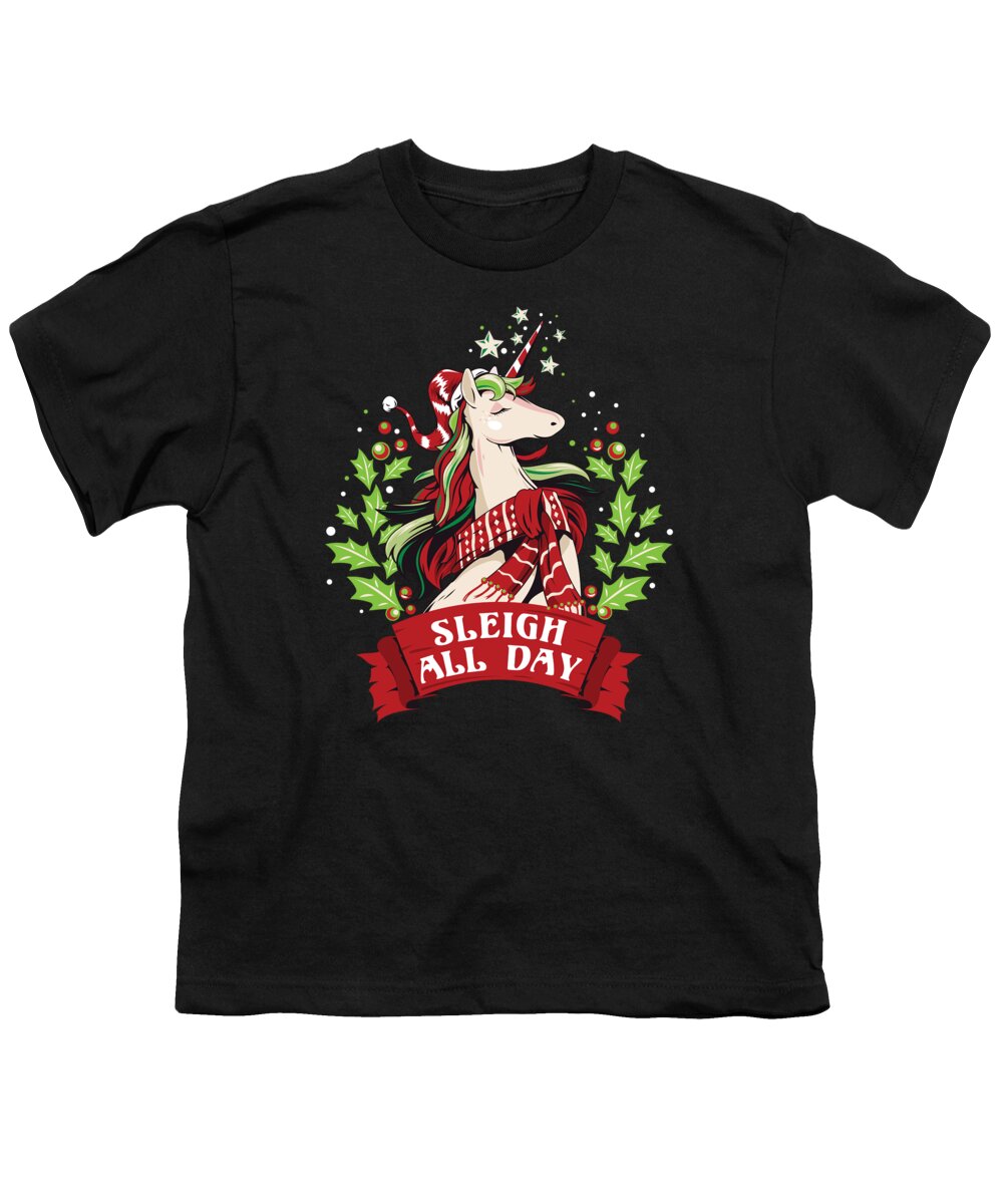 Christmas 2023 Youth T-Shirt featuring the digital art Sleigh All Day Cute Santa Unicorn Christmas by Flippin Sweet Gear