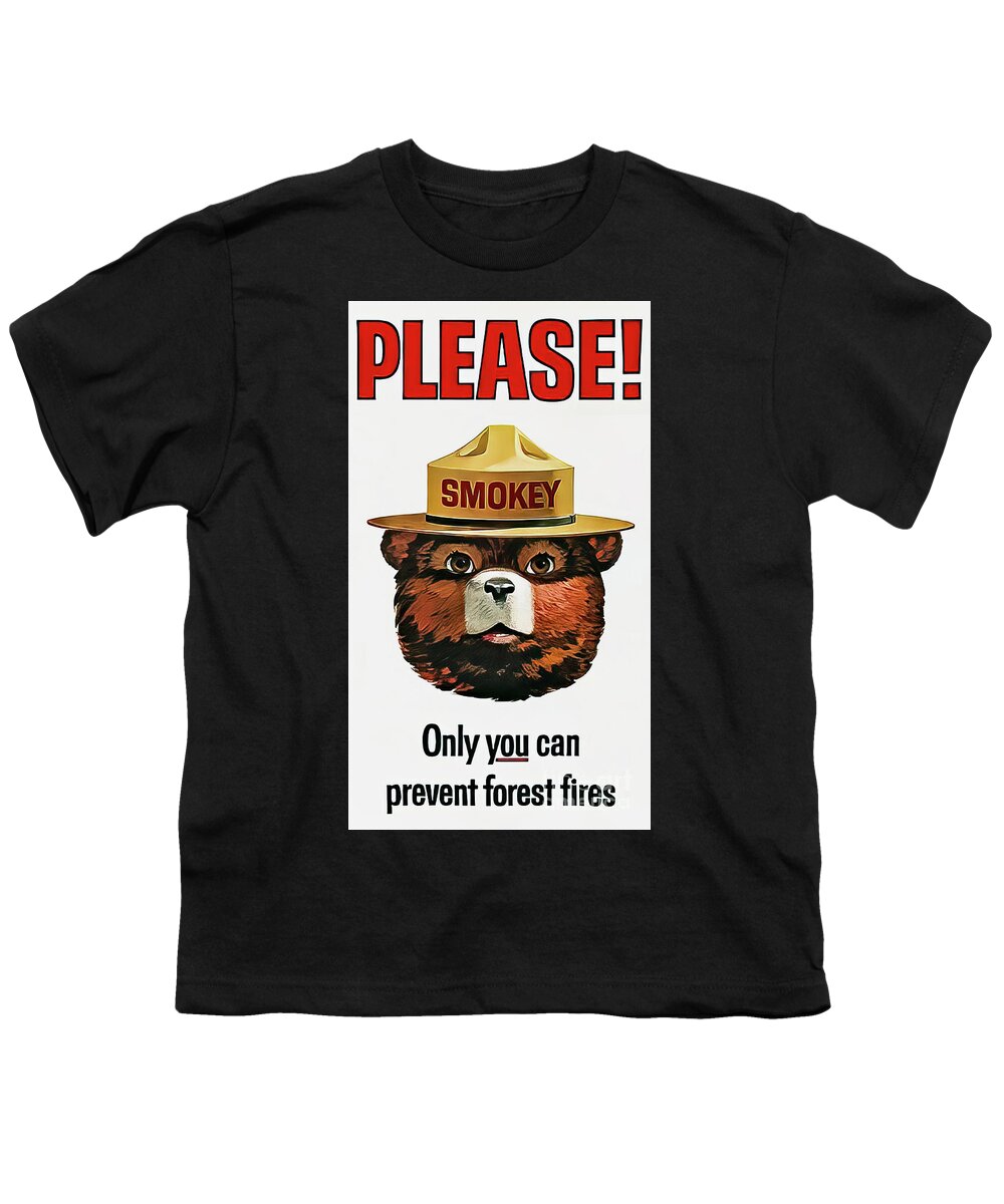 Smokey Youth T-Shirt featuring the drawing Smokey the Bear Fire Prevention by M G Whittingham
