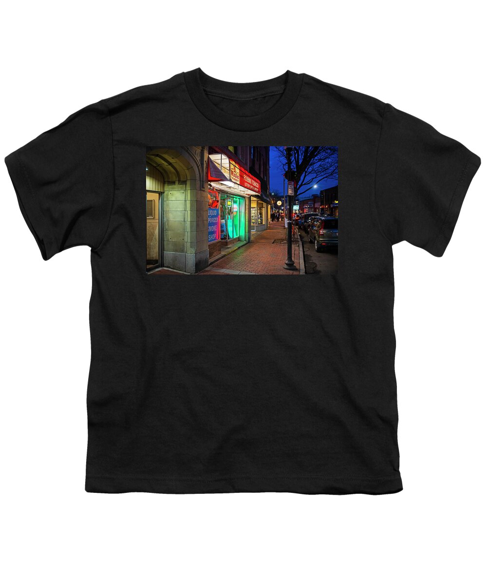Somerville Youth T-Shirt featuring the photograph Somerville Massachusetts Davis Square Robbins Tobacco Elm Street by Toby McGuire