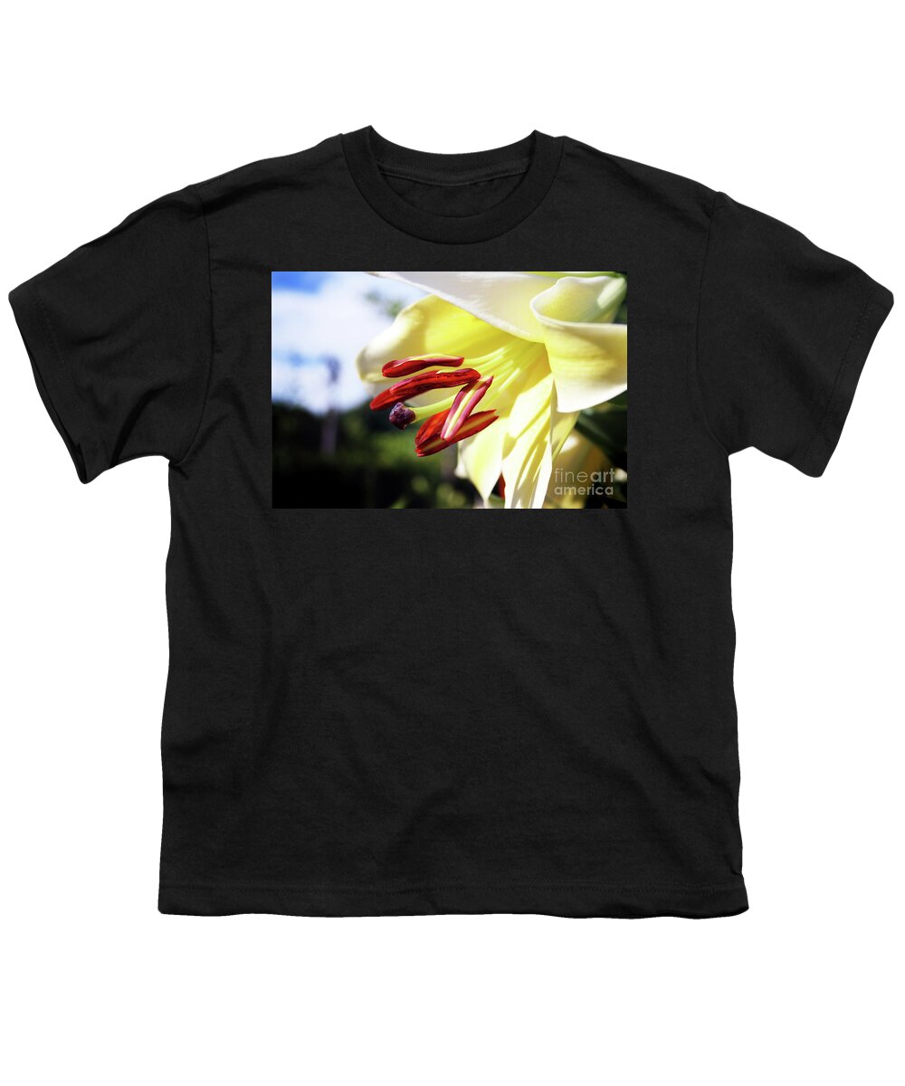 Lily; Spring Flower; Spring; Yellow Flower; Clouds; Horizontal; Outdoors; Close-up; Macro; Youth T-Shirt featuring the photograph Spring Lily by Tina Uihlein