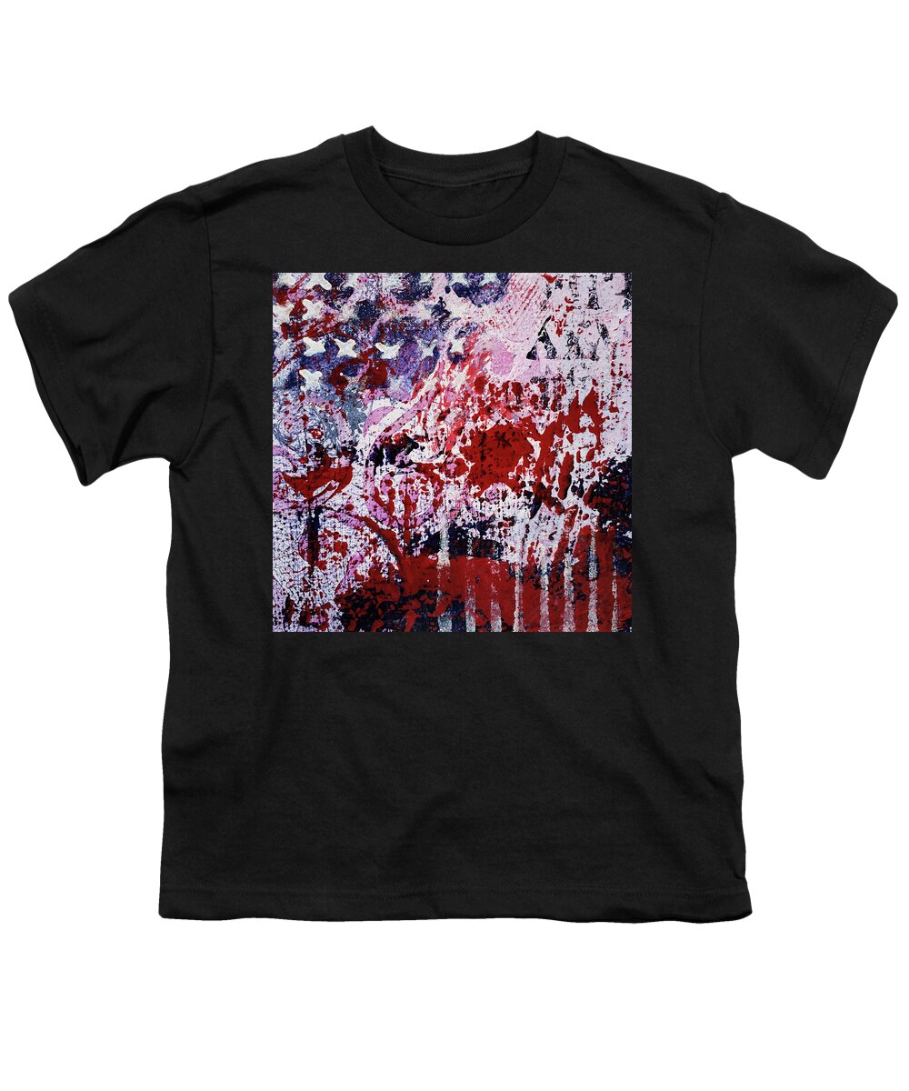 Red Youth T-Shirt featuring the painting STAR SPANGLED II Abstract in Red White Blue by Lynnie Lang