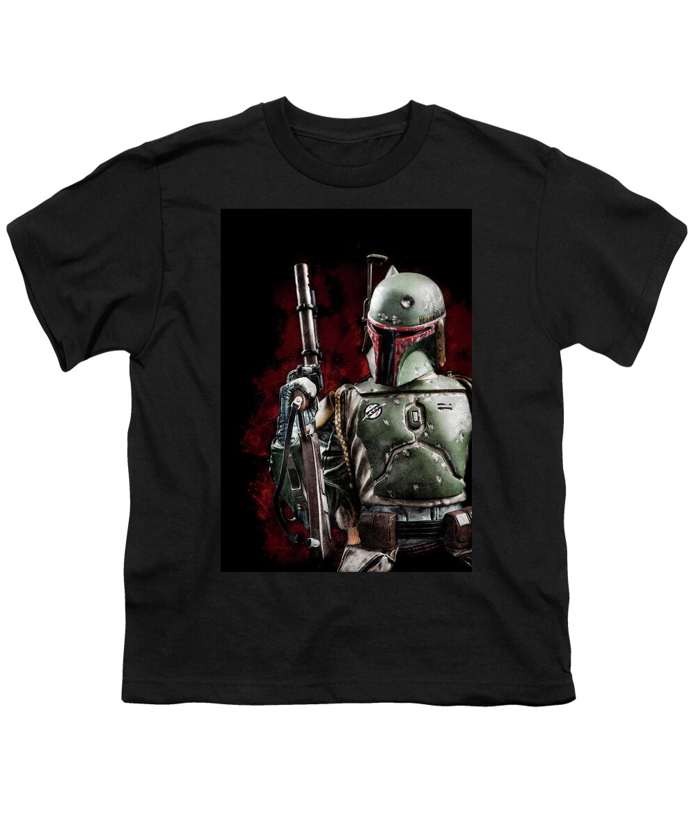 Boba Fett Youth T-Shirt featuring the mixed media Star Wars bounty hunter Boba Fett - dark by Olivier Parent