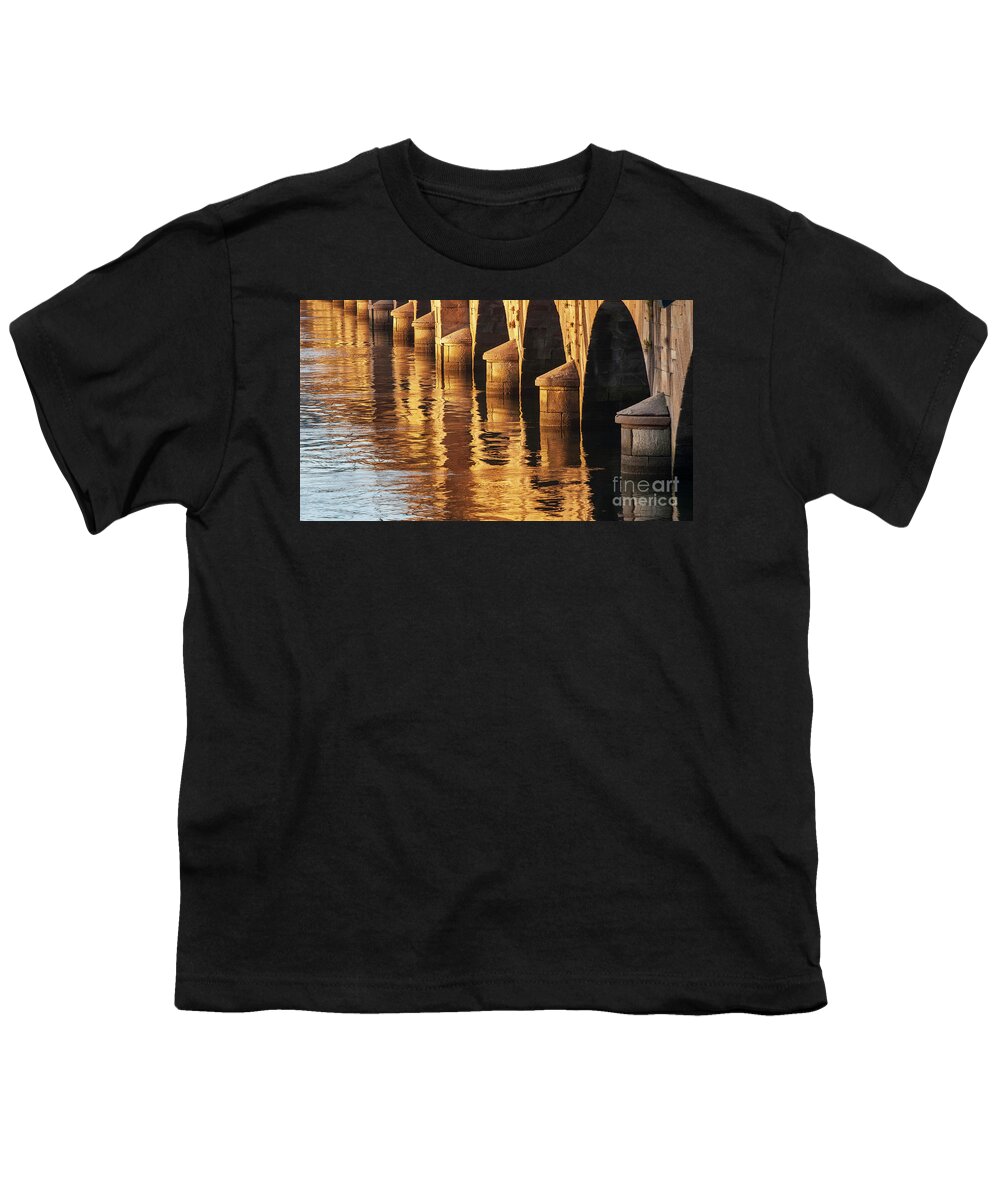 Rocks Youth T-Shirt featuring the photograph Stone Medieval Viaduct Reflected at Sunset Golden Light Pondedeume Galicia by Pablo Avanzini