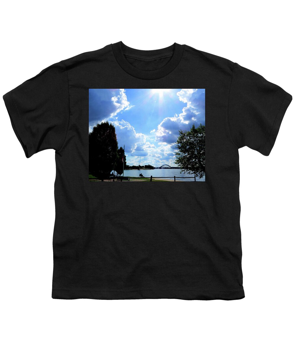 Clouds Youth T-Shirt featuring the photograph Sunburst Over the Delaware River in Riverton, New Jersey by Linda Stern