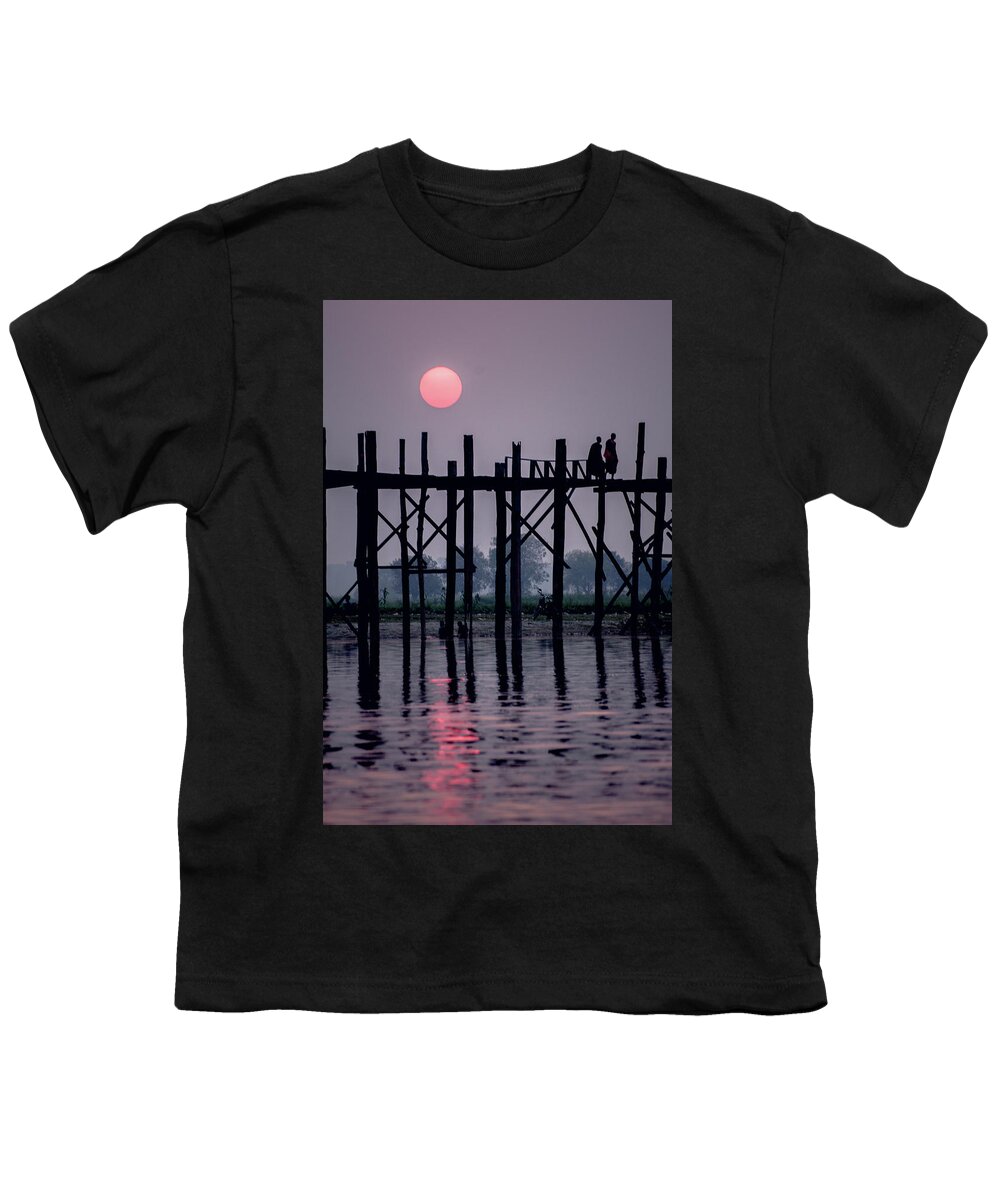 Mandalay Youth T-Shirt featuring the photograph Sunset at U-Bein Bridge by Arj Munoz