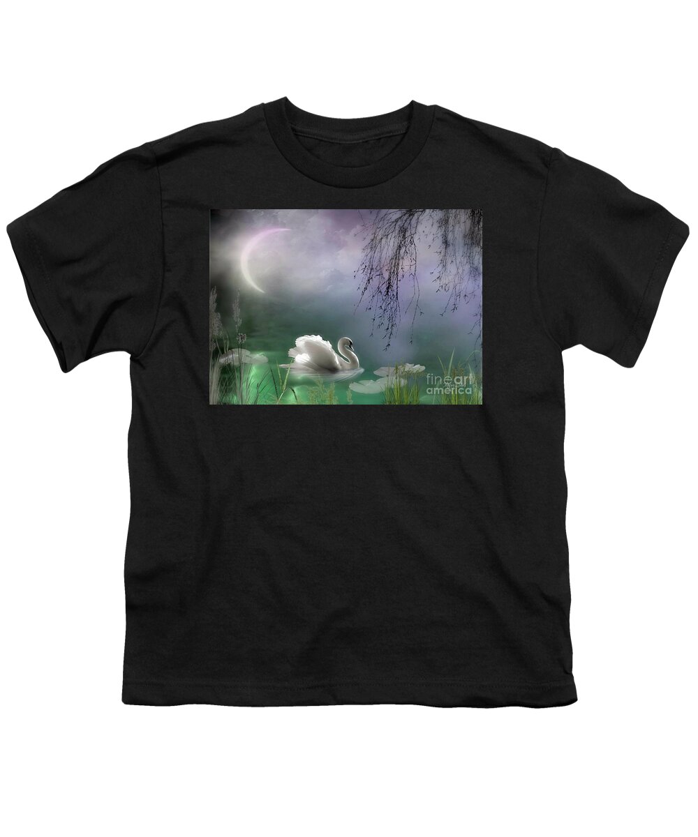Swan Youth T-Shirt featuring the mixed media Swan by Moonlight by Morag Bates