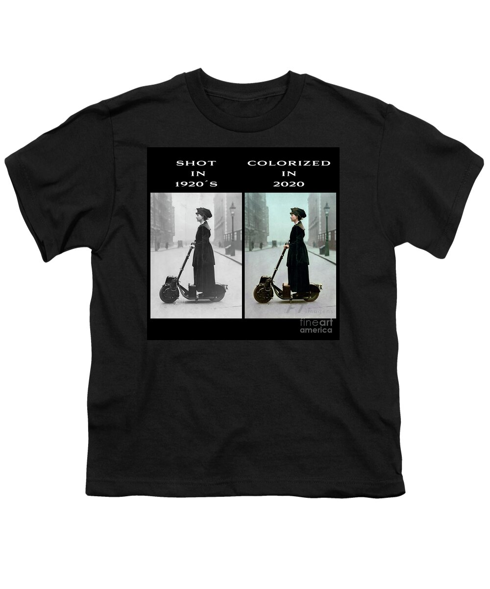 Scooter Youth T-Shirt featuring the photograph The Lady and the Scooter Comparison 1916 by Franchi Torres