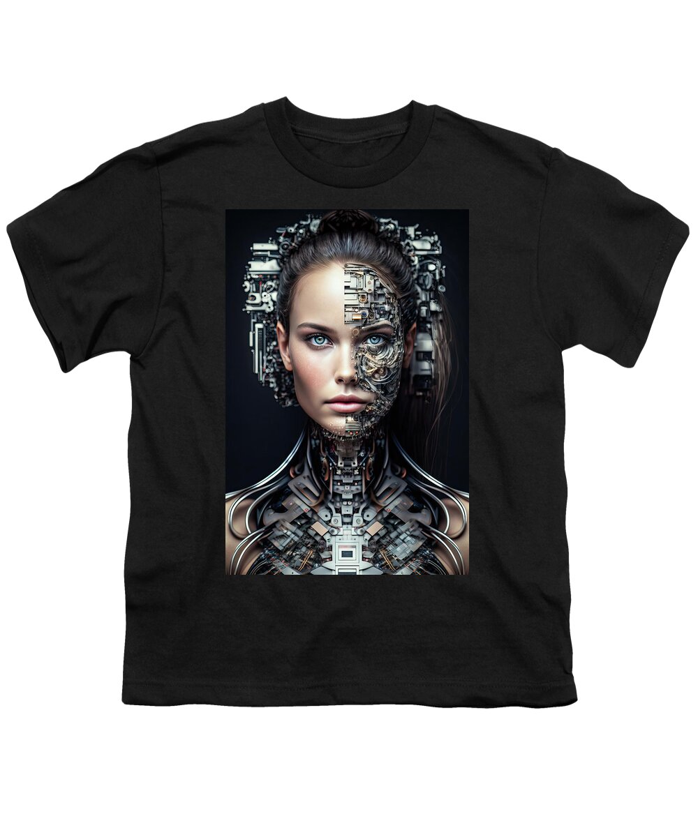 Cyborg Youth T-Shirt featuring the digital art The Future of AI 07 Woman Cyborg by Matthias Hauser