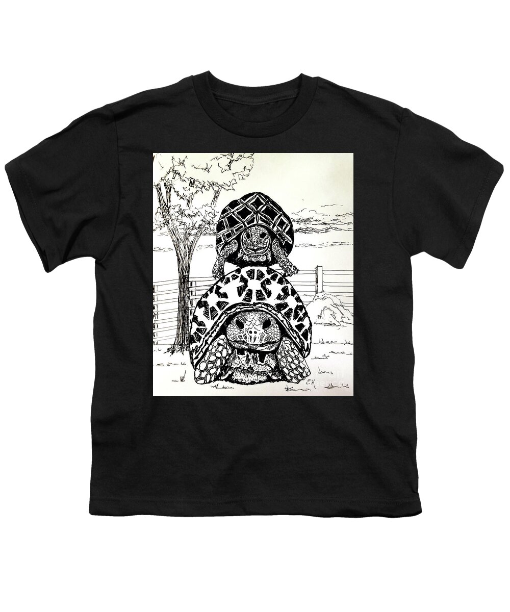 Pen Youth T-Shirt featuring the drawing Towering turtles by Eileen Kelly
