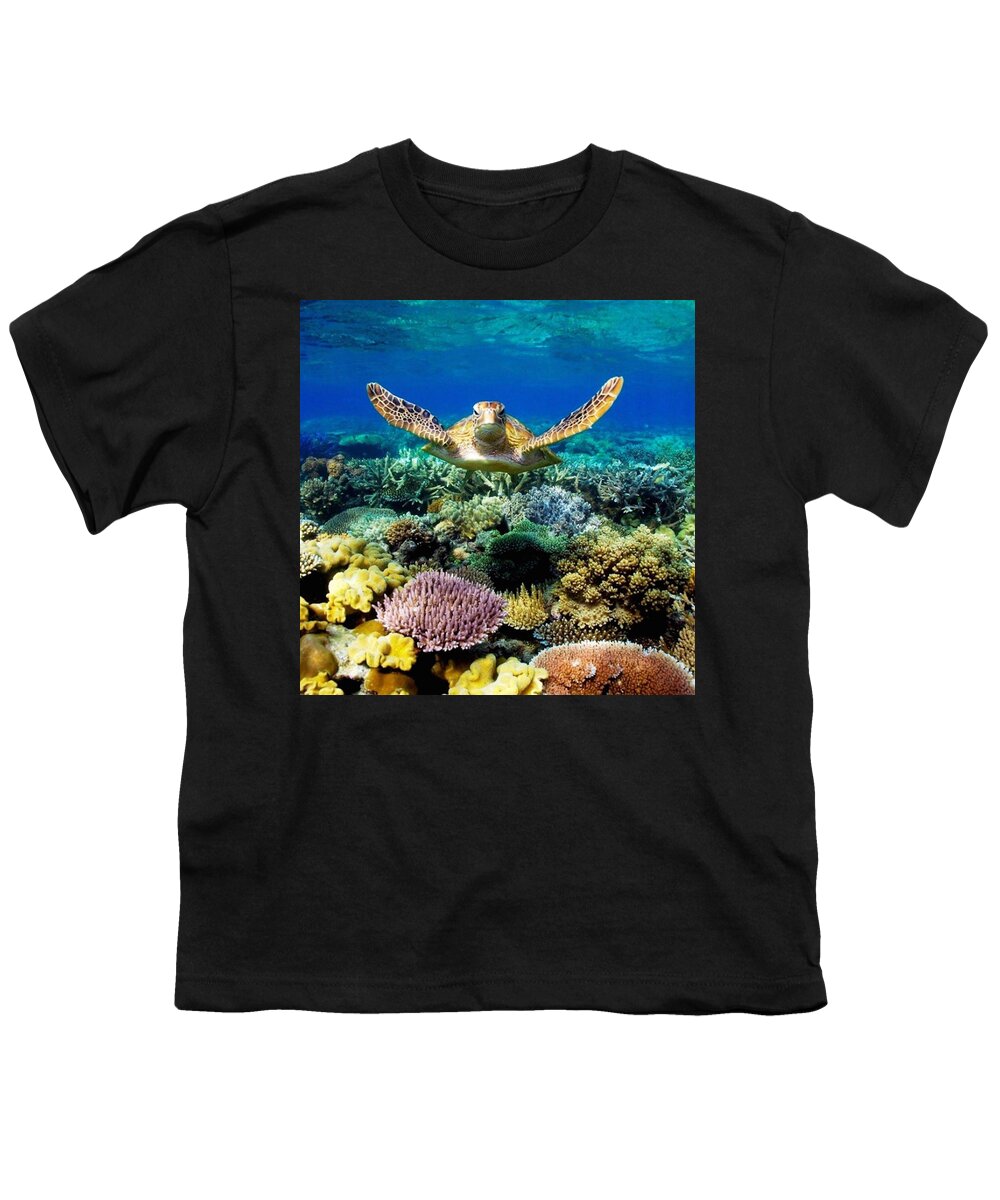 Photo Youth T-Shirt featuring the photograph Turtle Gliding Over Great Barrier Reef by World Art Collective