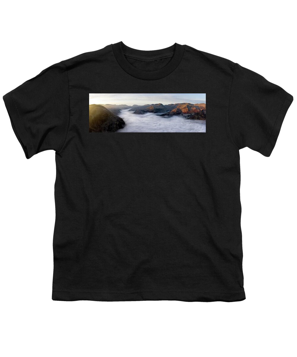 Panorama Youth T-Shirt featuring the photograph Ullswater and Glenridding aerial cloud inversion lake district by Sonny Ryse