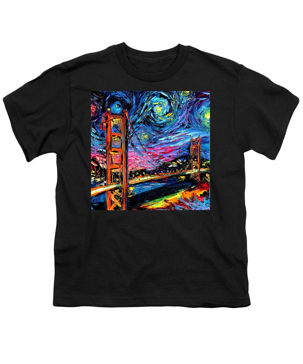 Golden Gate Bridge Youth T-Shirt featuring the painting van Gogh Never Saw Golden Gate by Aja Trier