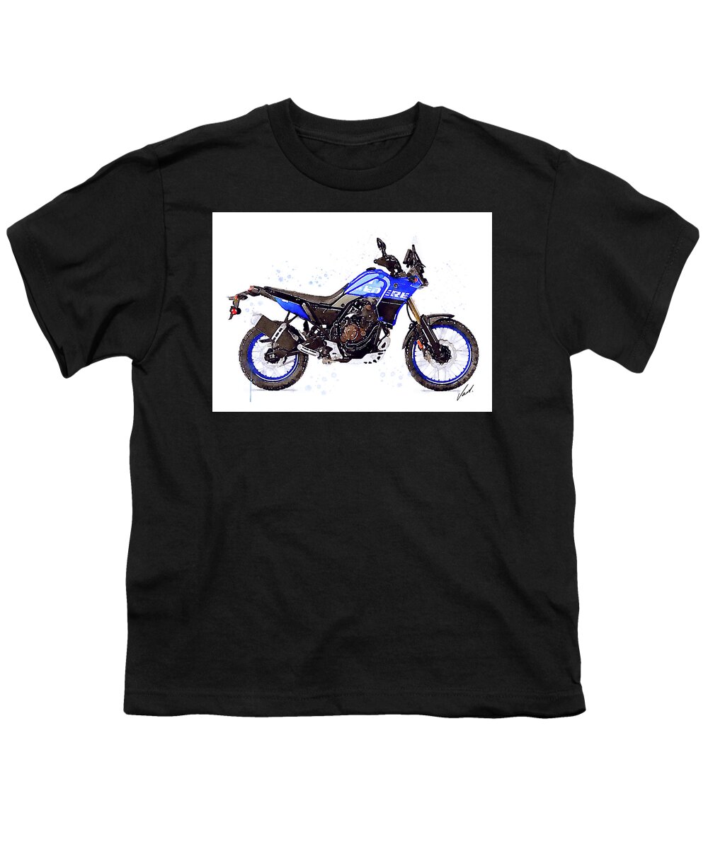 Adventure Youth T-Shirt featuring the painting Watercolor Yamaha Tenere 700 blue motorcycle - oryginal artwork by Vart. by Vart Studio