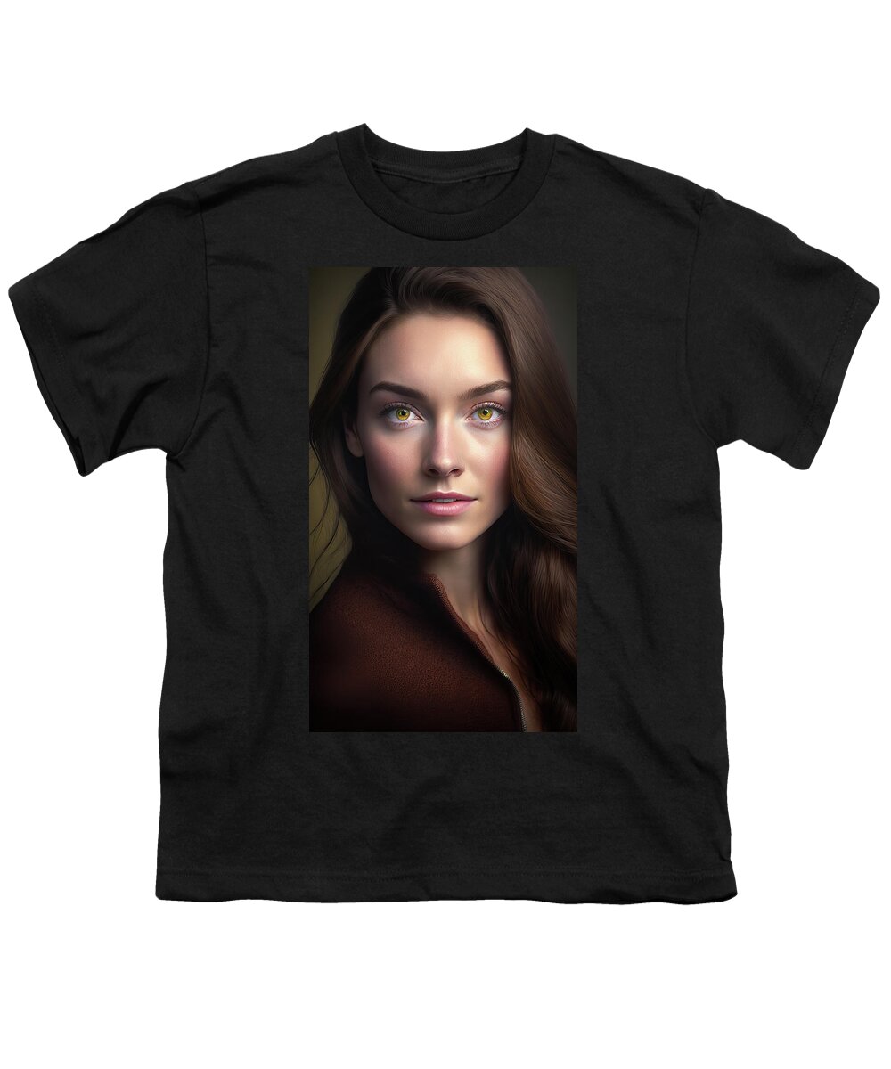 Woman Youth T-Shirt featuring the digital art Woman Portrait 22 Brown Hair Hazel Eyes by Matthias Hauser