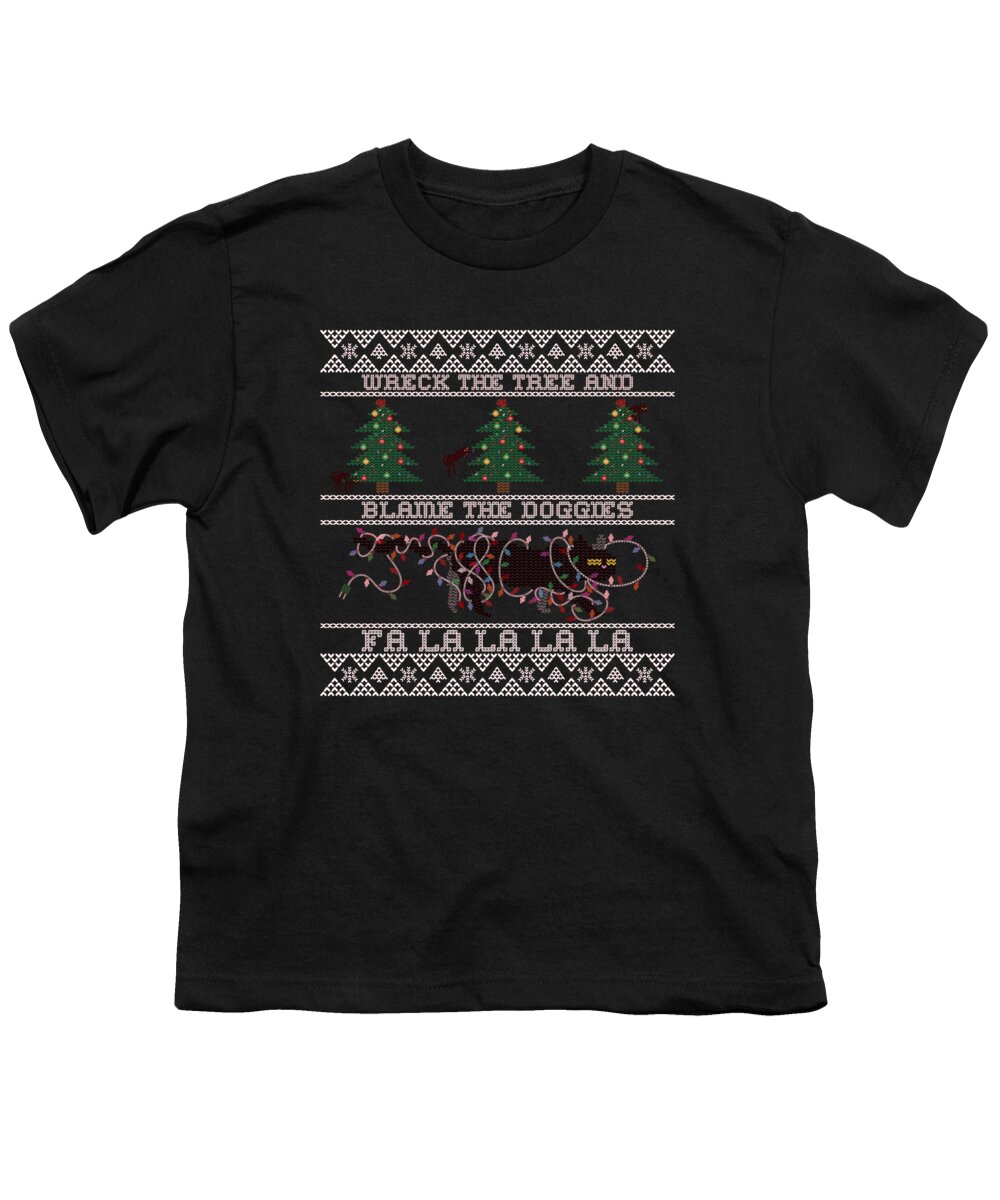 Christmas 2023 Youth T-Shirt featuring the digital art Wreck the Tree and Blame the Doggies Funny Cat Christmas Pun by Flippin Sweet Gear