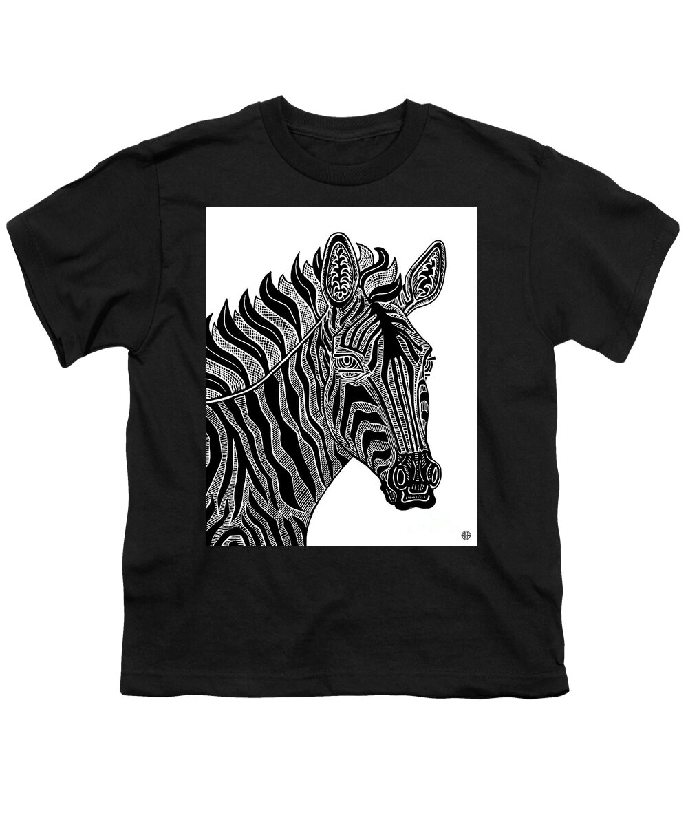 Zebra Youth T-Shirt featuring the drawing Zebra. Wild Animal Ink 15 by Amy E Fraser