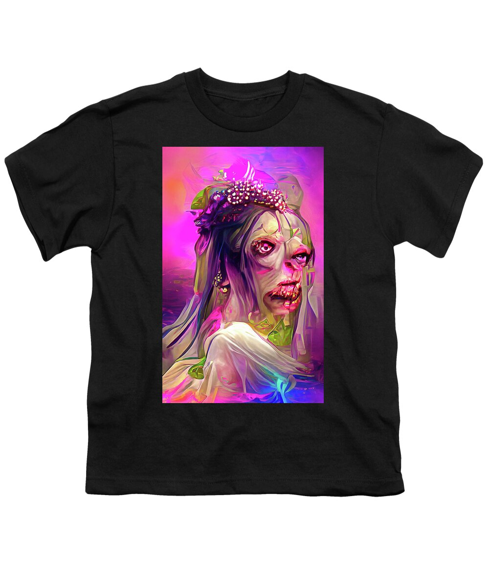 Zombie Youth T-Shirt featuring the digital art Zombie Bride 01 Colorful and Trippy by Matthias Hauser