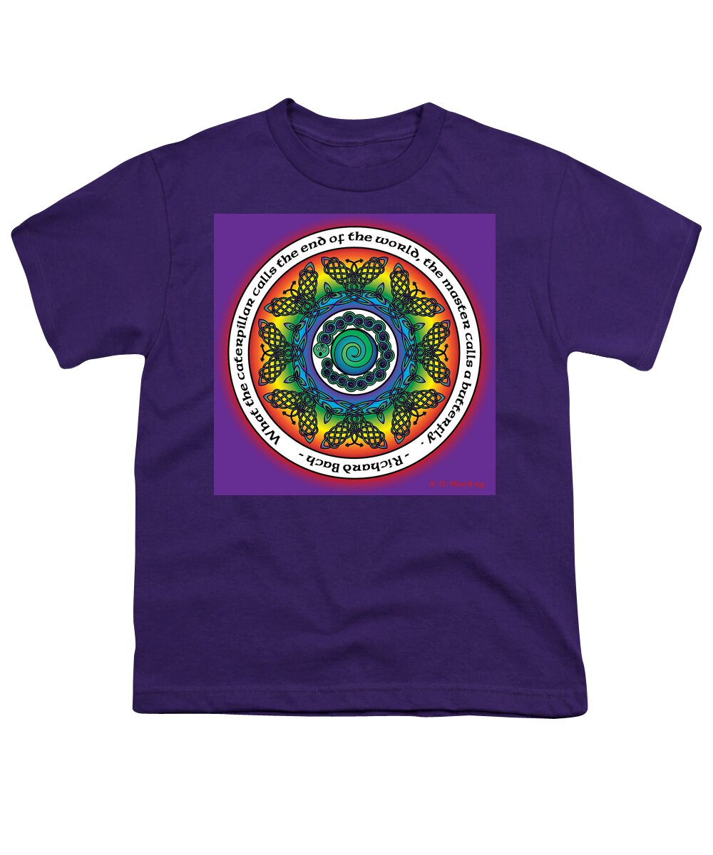 Rainbow Youth T-Shirt featuring the digital art Rainbow Celtic Butterfly Mandala by Celtic Artist Angela Dawn MacKay