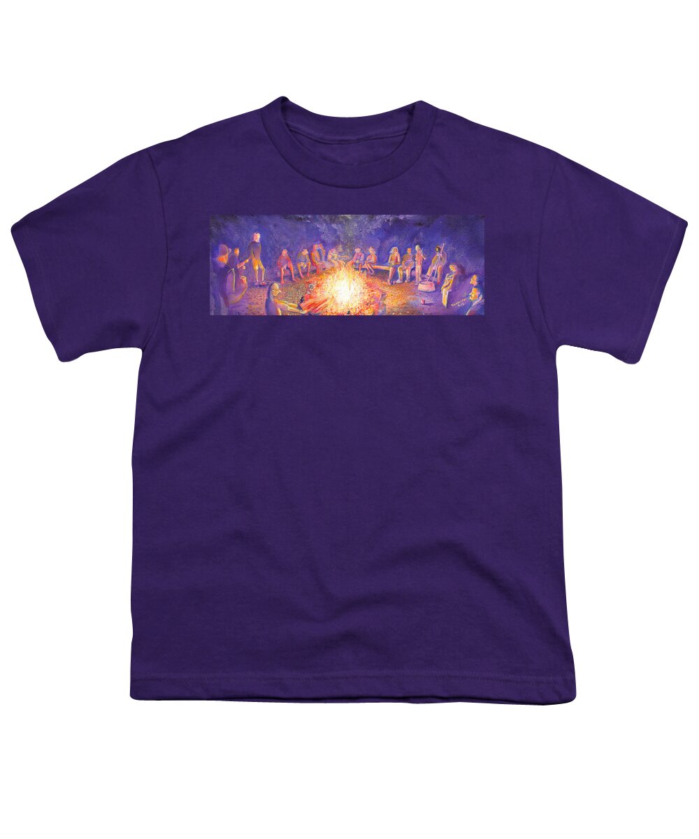 Roots Retreat Youth T-Shirt featuring the painting Roots Retreat Campfire Jam by David Sockrider