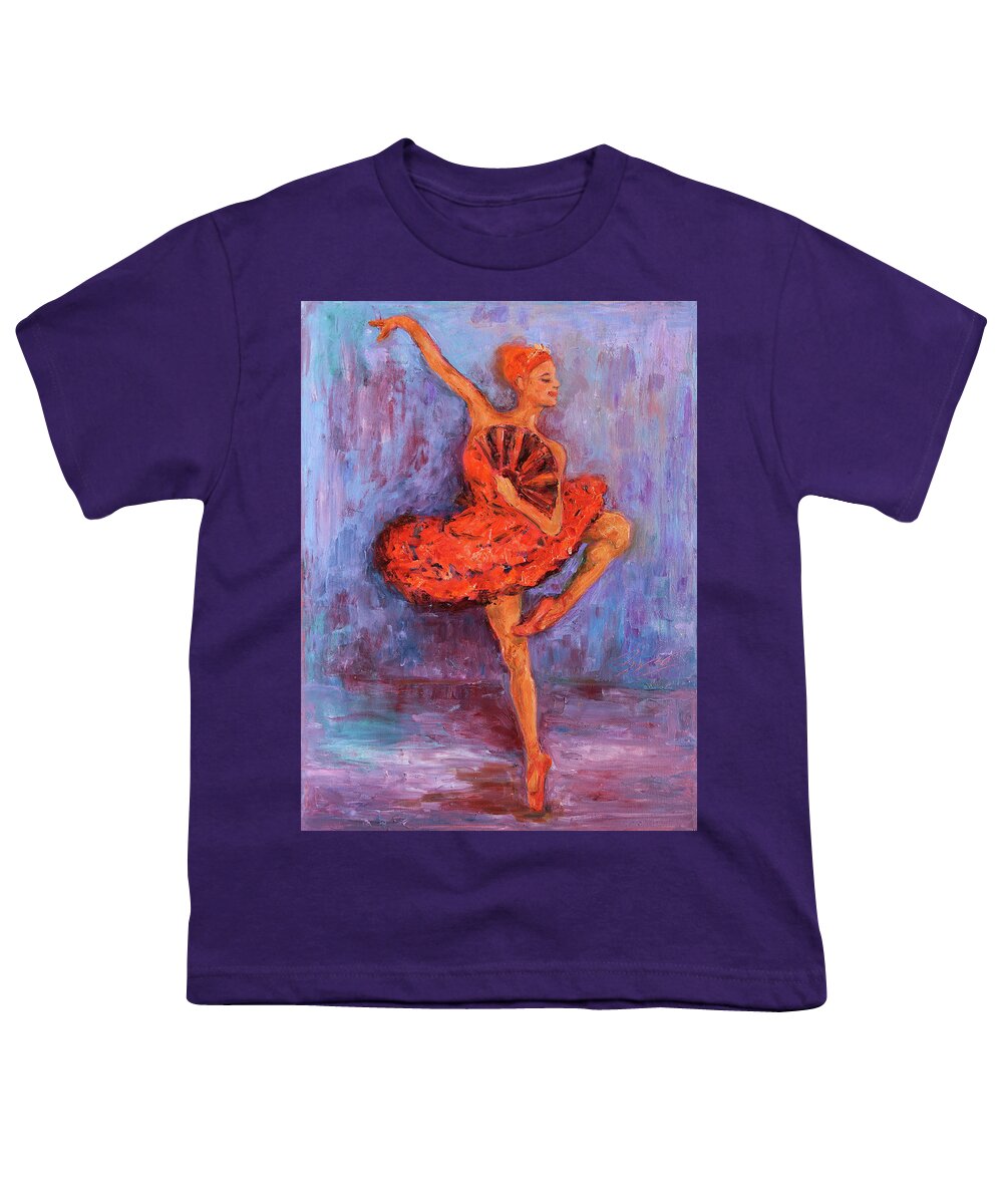 Figurative Youth T-Shirt featuring the painting Ballerina Dancing with a Fan by Xueling Zou