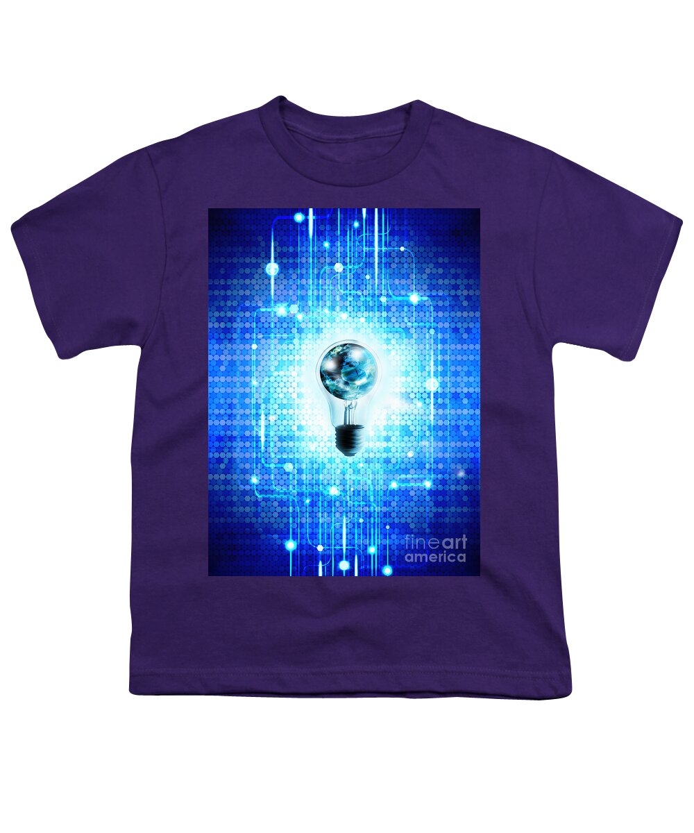 Abstract Youth T-Shirt featuring the photograph Globe And Light Bulb With Technology Background by Setsiri Silapasuwanchai